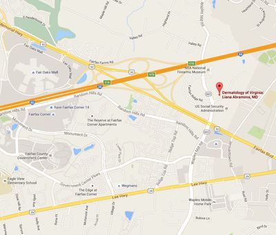 Map showing the Dermatology of Virginia office at 3930 Pender Drive, Fairfax, Virginia